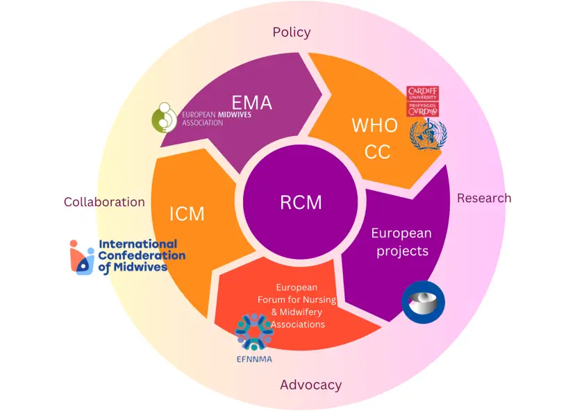 Infographic depicting relationship between Policy Collaboration Advocacy Research RCM EMA WHO ICM EFNMA