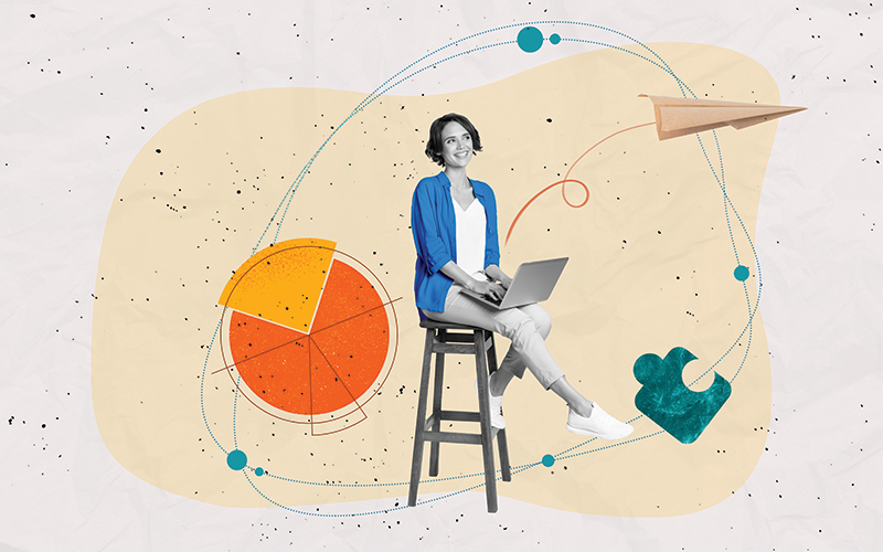 3d retro abstract creative artwork template collage of happy young businesswoman sitting chair data success statistics rocket fly start up.CREDIT_shutterstock_2321852993