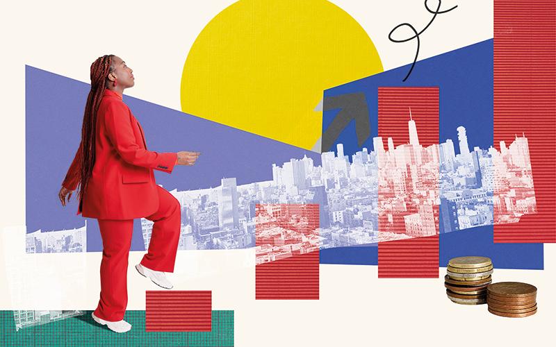 Woman in red suit stepping up a bar graph surrounded by growth and finance symbols. CREDIT_getty-1474796041