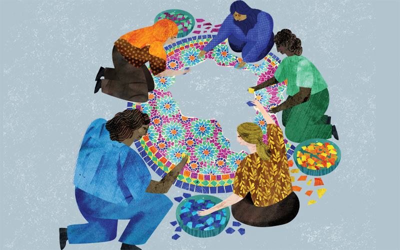 Five women creating a colorful mosaic. CREDIT_Astrid-Weguelin